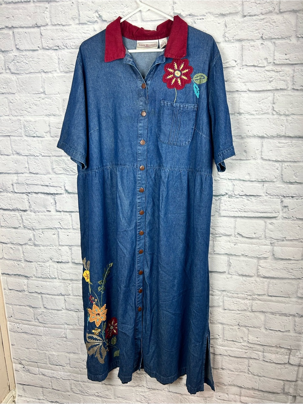 Anna Maxwell Women’s 2X Denim Maxi Dress Embroidered Floral Boho Corduroy Collar